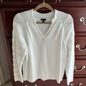 Talbots White Crochet-Sleeve V-Neck Sweater